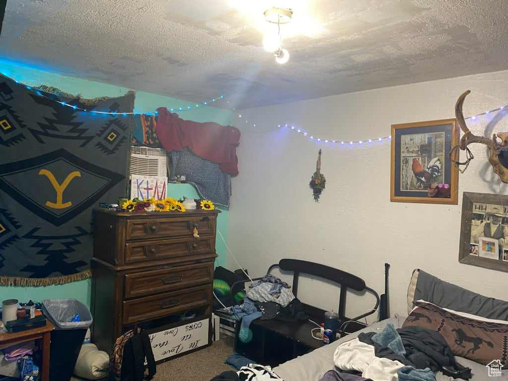 Carpeted bedroom featuring a textured ceiling