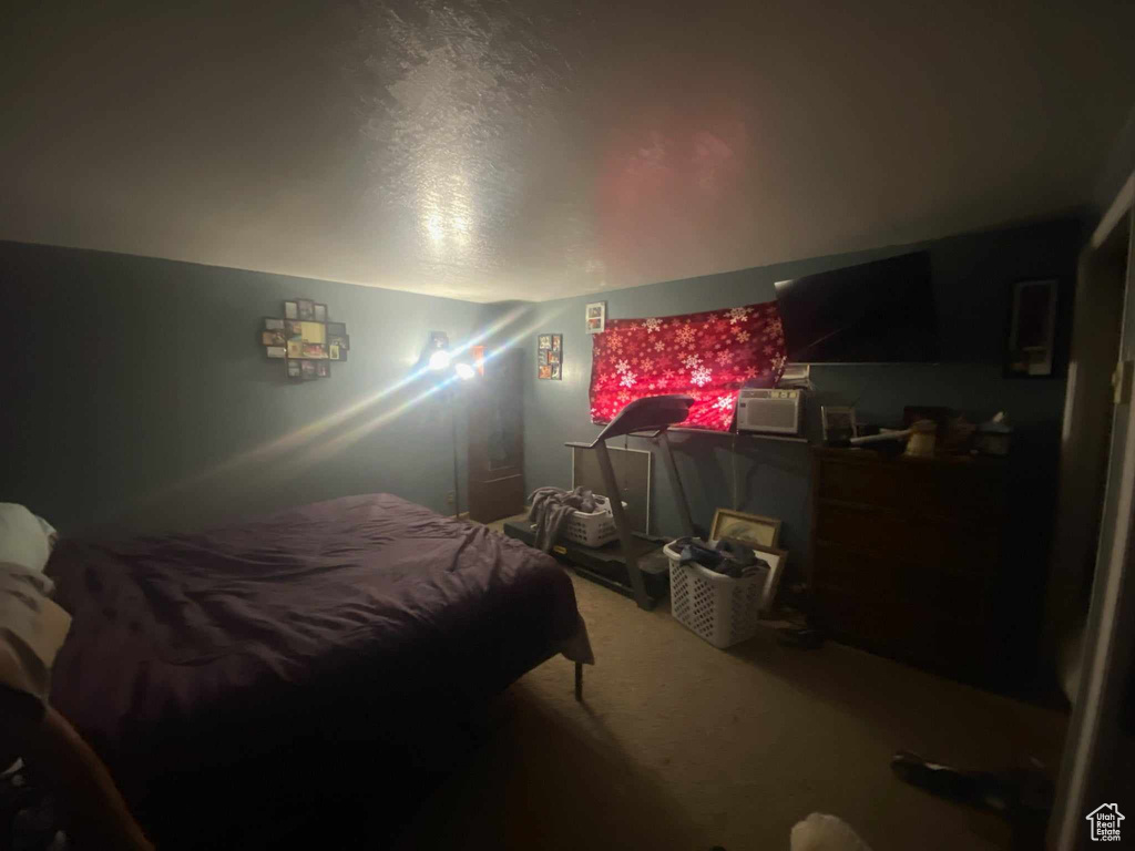 Bedroom featuring carpet flooring and a textured ceiling