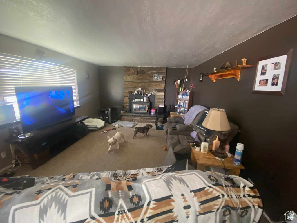 Living room with a fireplace, carpet, and lofted ceiling