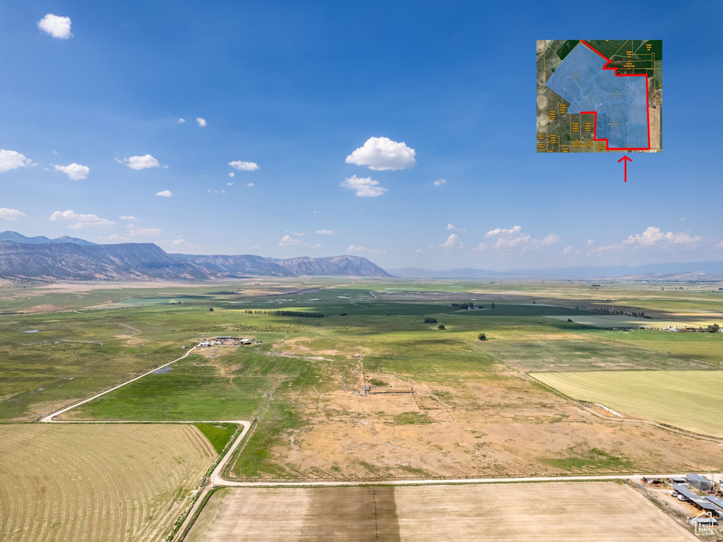 Aerial view featuring a mountain view and a rural view