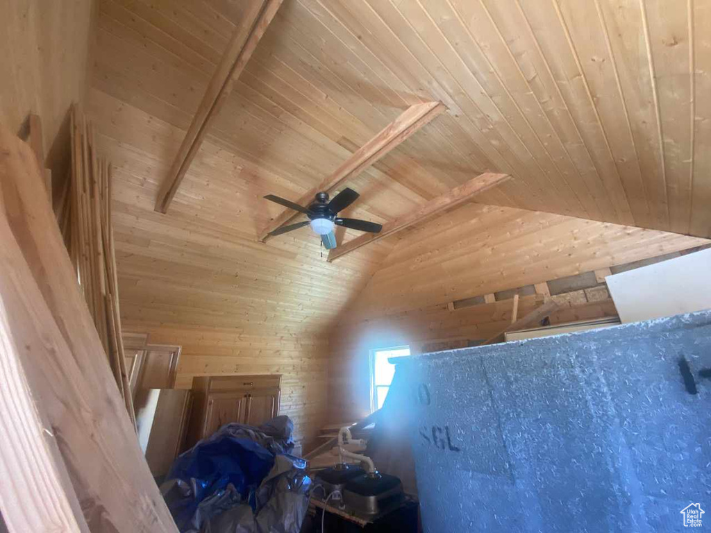 Interior details with wooden ceiling and ceiling fan