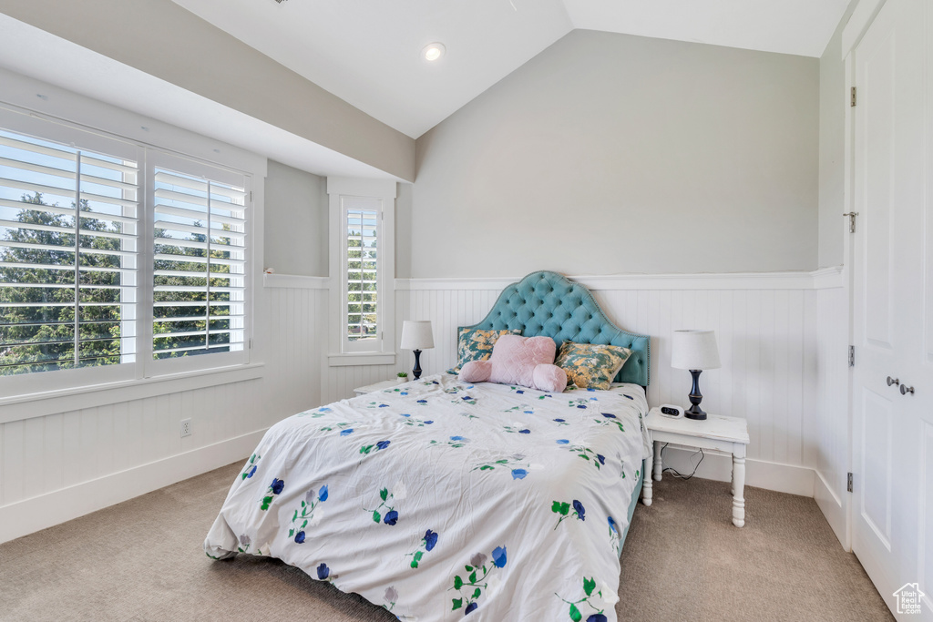 Carpeted bedroom with lofted ceiling