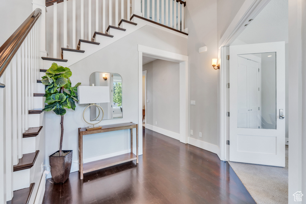 Foyer entrance featuring dark hardwood / wood-style floors and a high ceiling