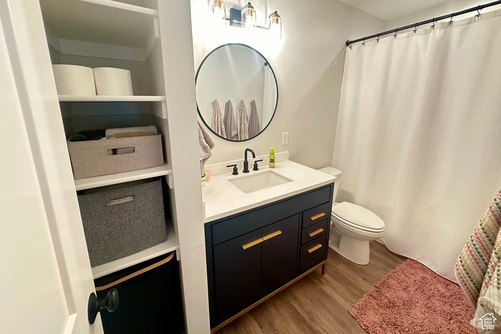 Bathroom with vanity, toilet, and hardwood / wood-style floors