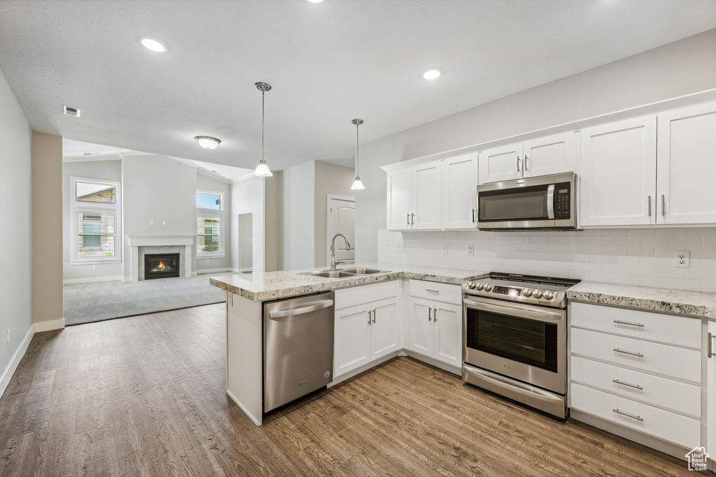 Kitchen featuring white cabinetry, kitchen peninsula, stainless steel appliances, hardwood / wood-style flooring, and sink