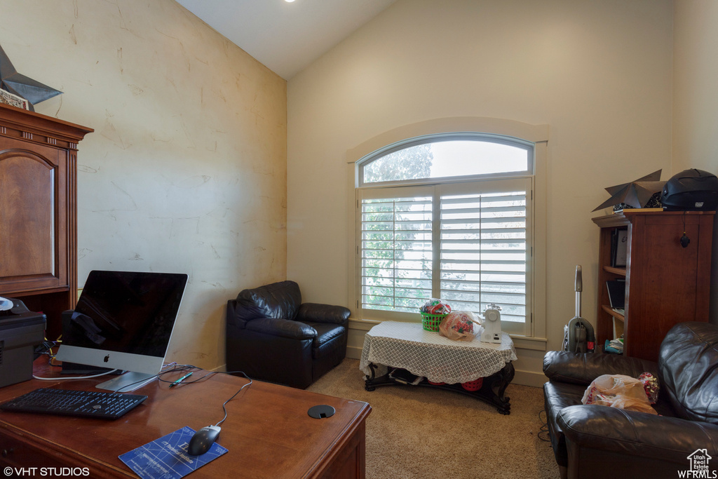 Carpeted office space with vaulted ceiling