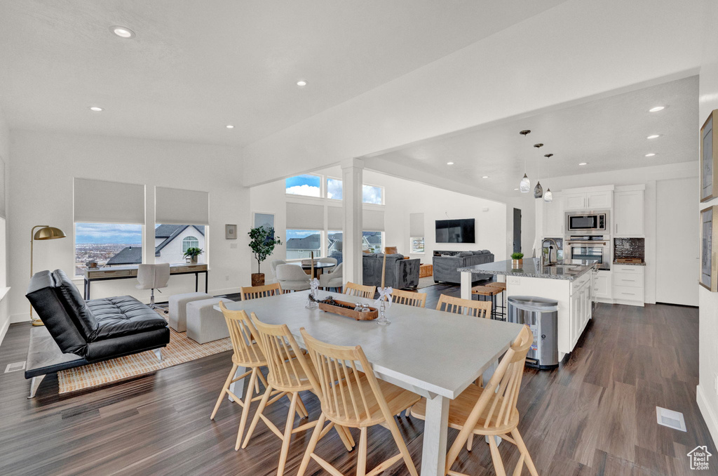 Dining space with sink and dark wood-type flooring