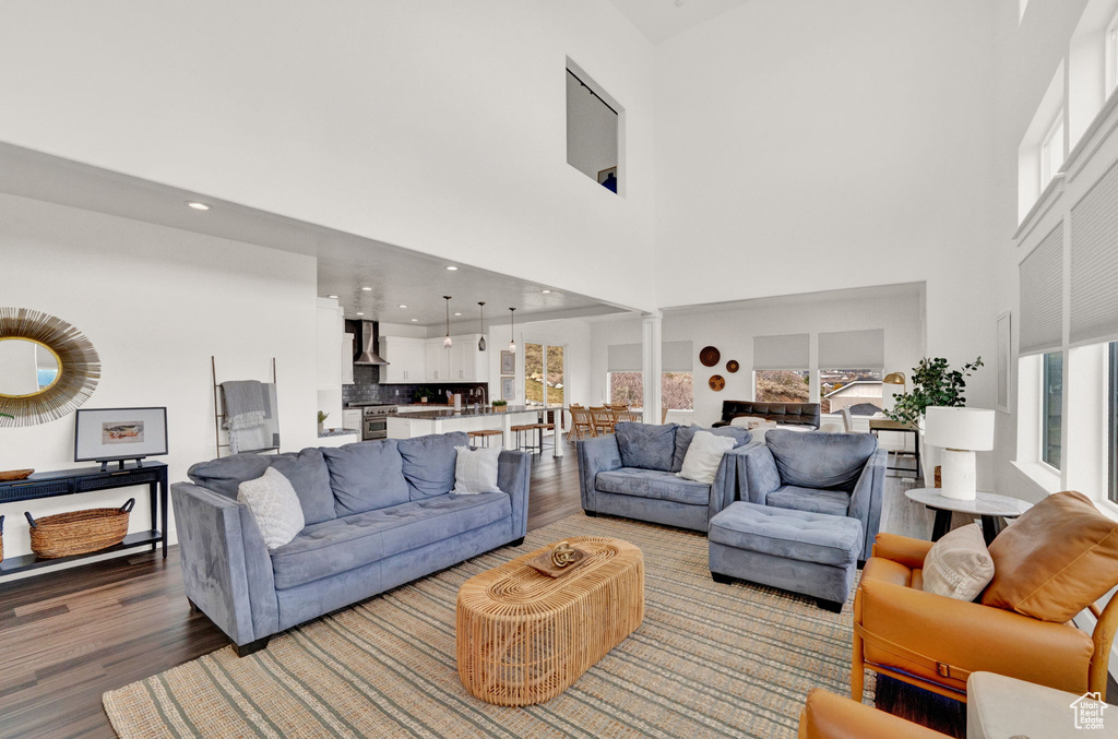 Living room with hardwood / wood-style floors, decorative columns, a healthy amount of sunlight, and a towering ceiling