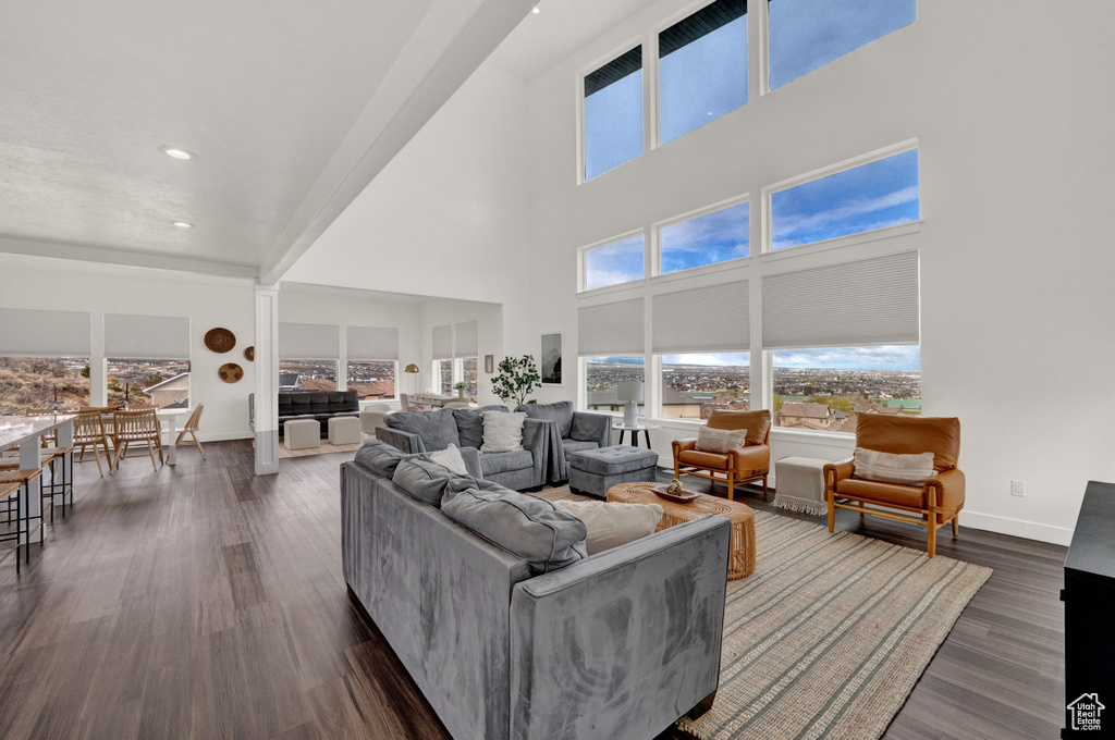 Living room with dark hardwood / wood-style floors and a high ceiling