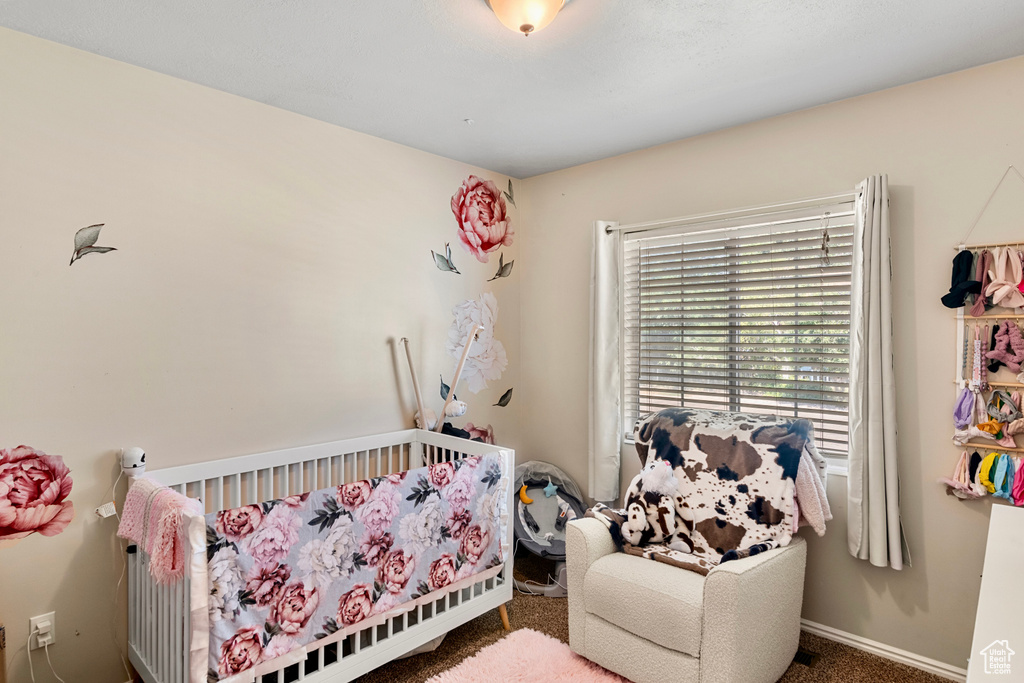 Bedroom with carpet floors and a nursery area