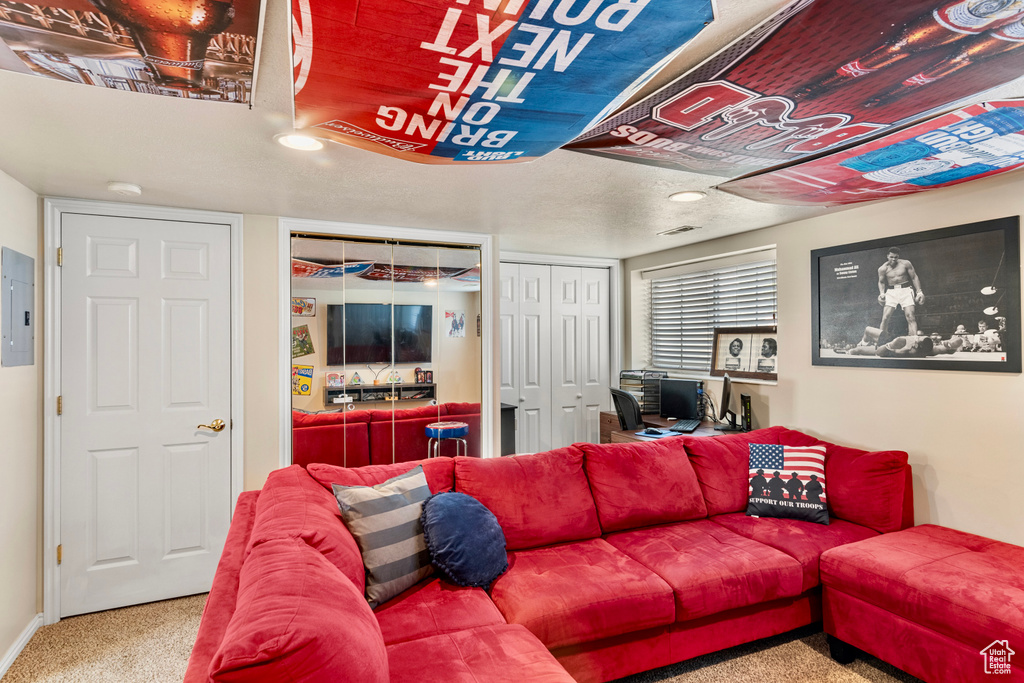 Carpeted living room with electric panel