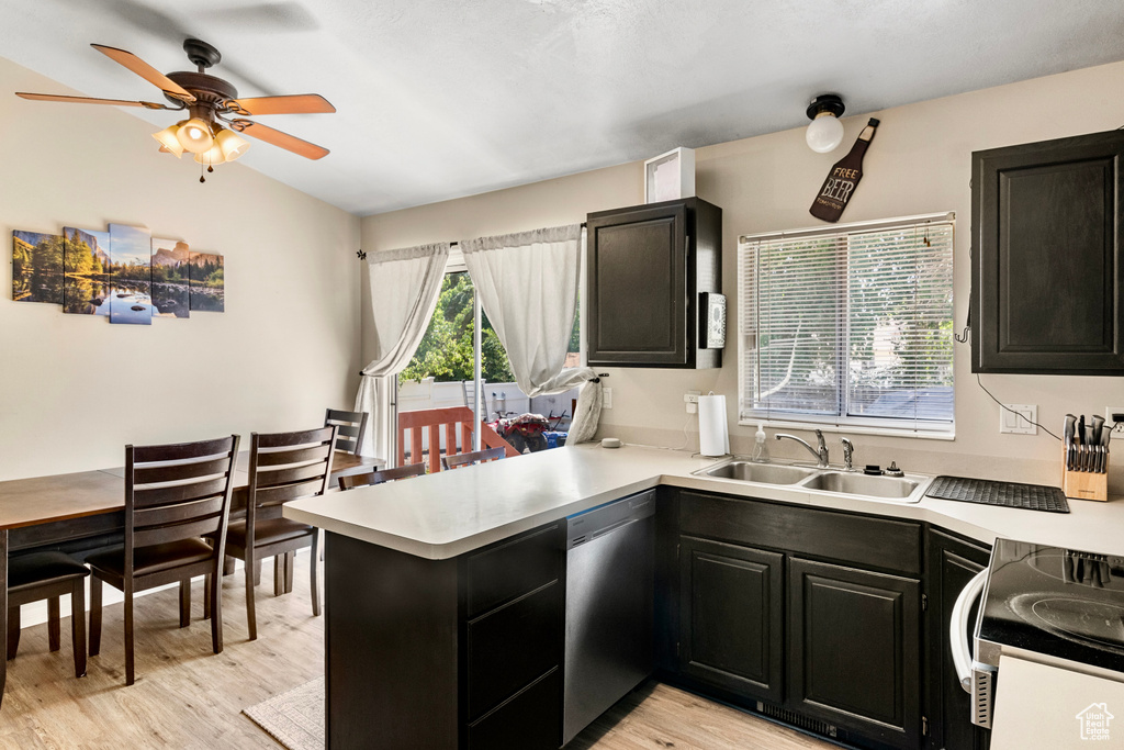 Kitchen with stainless steel dishwasher, ceiling fan, sink, light hardwood / wood-style floors, and kitchen peninsula