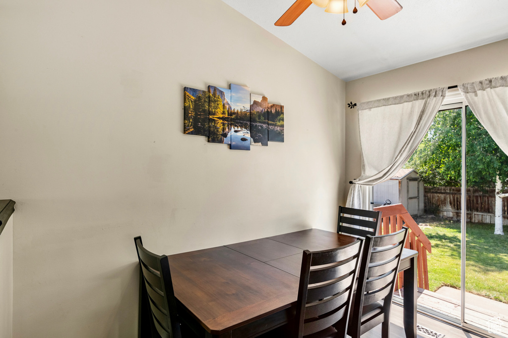 Dining room featuring ceiling fan