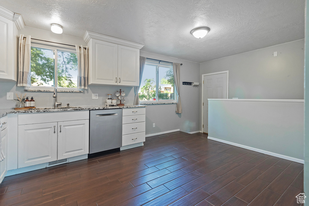 Kitchen with dishwasher, light stone countertops, a wealth of natural light, and white cabinetry