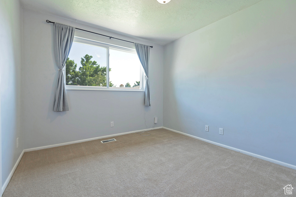 Carpeted spare room with a textured ceiling