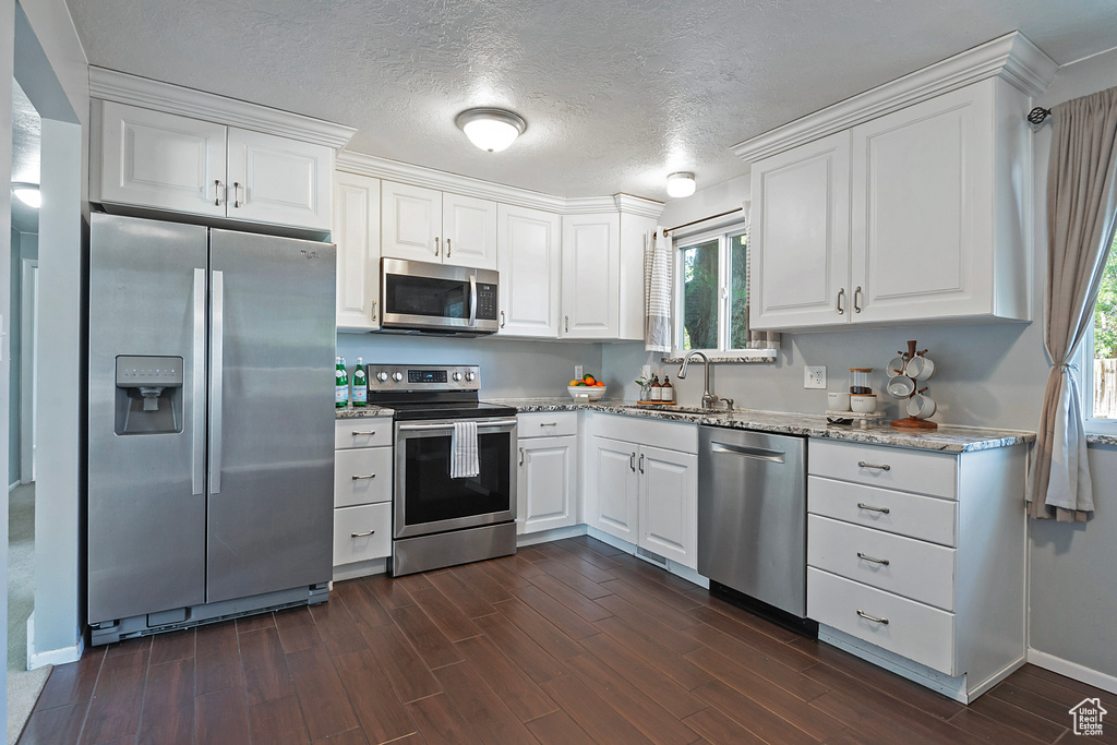 Kitchen with white cabinetry, light stone counters, dark hardwood / wood-style flooring, appliances with stainless steel finishes, and sink