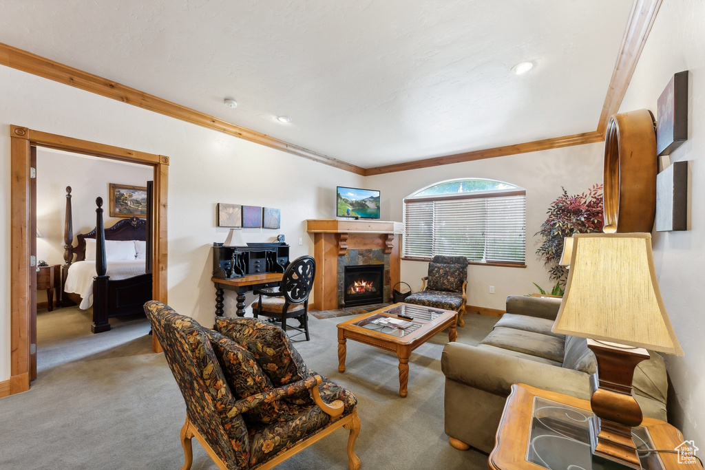 Carpeted living room featuring crown molding