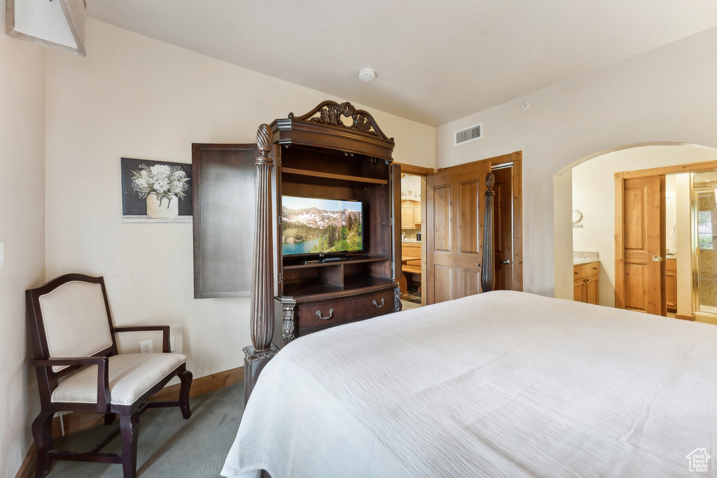 Bedroom featuring carpet floors and connected bathroom