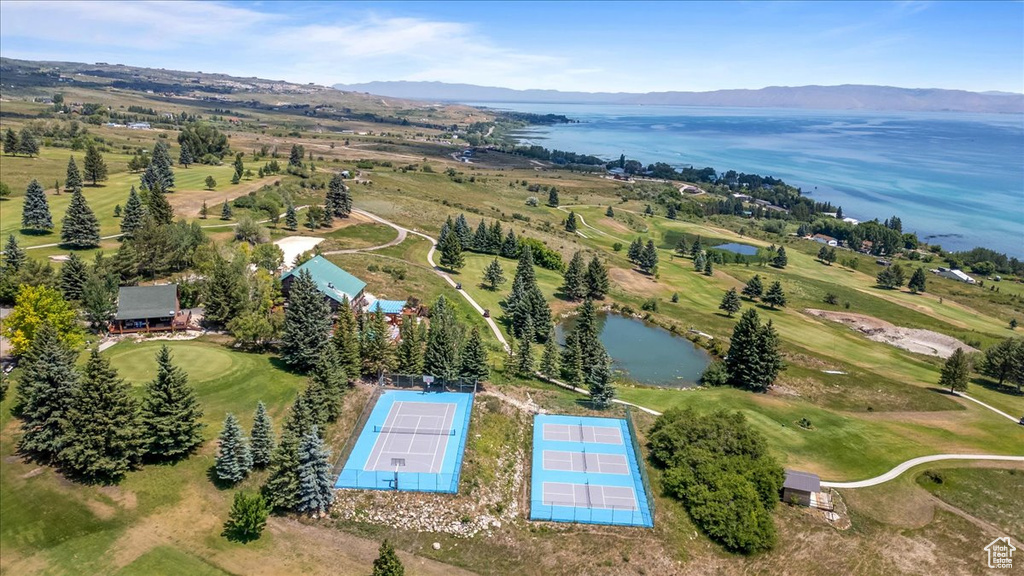 Aerial view with a water and mountain view