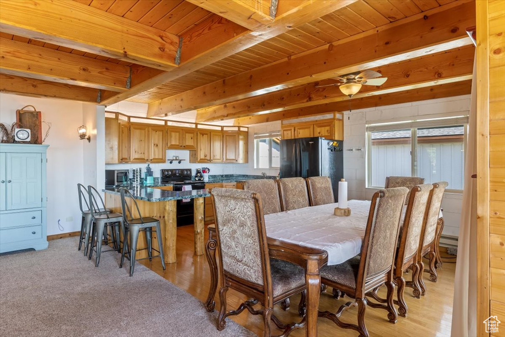 Dining room featuring ceiling fan, beamed ceiling, wooden ceiling, and light hardwood / wood-style flooring