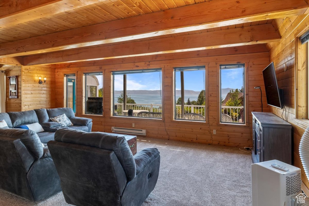 Living room featuring a baseboard radiator, beamed ceiling, wooden walls, and carpet flooring