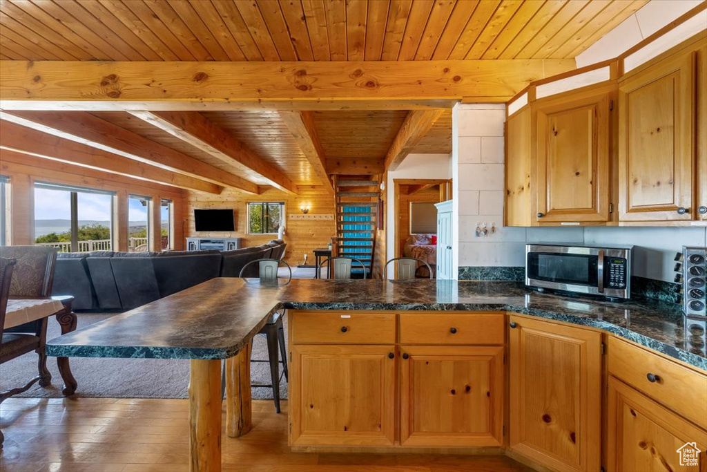 Kitchen with wood walls, wooden ceiling, light hardwood / wood-style floors, and beam ceiling