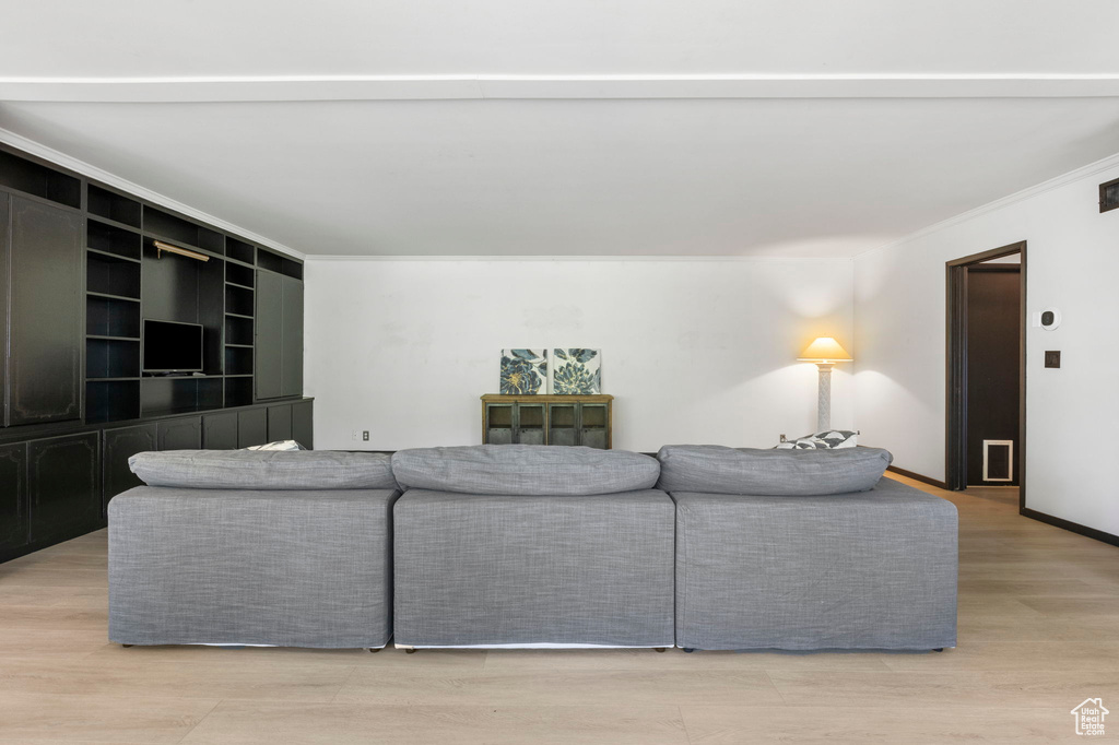 Living room featuring ornamental molding and light wood-type flooring