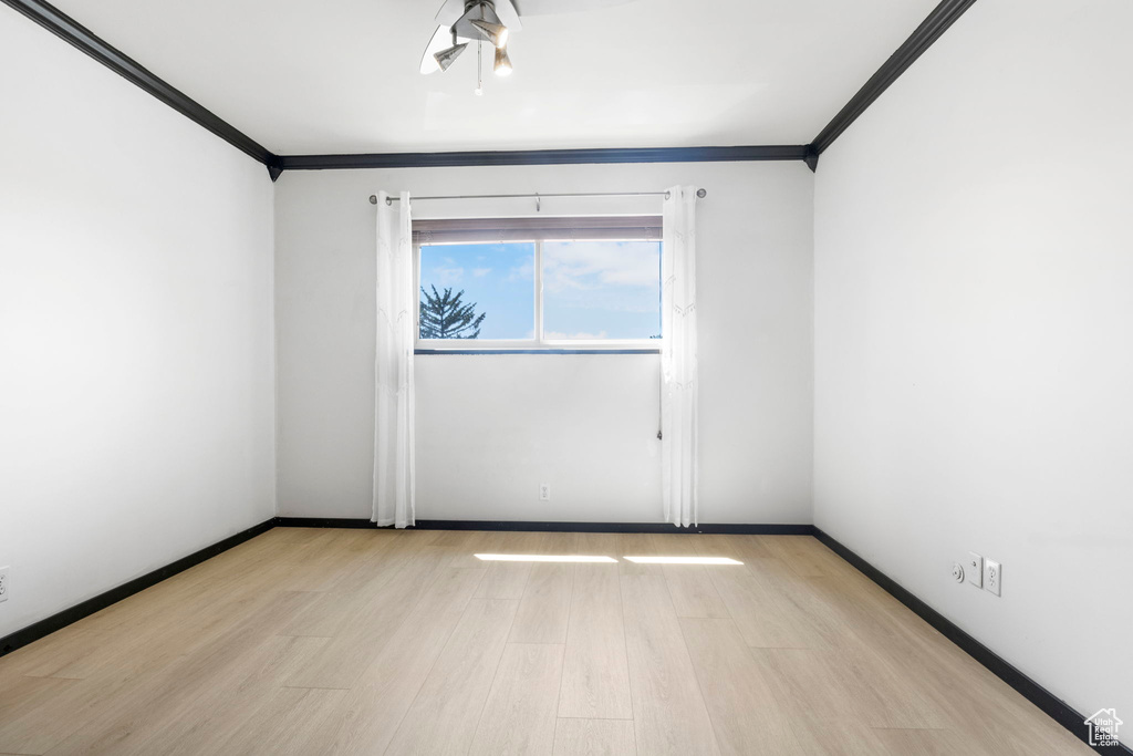 Spare room with crown molding, light hardwood / wood-style flooring, and ceiling fan