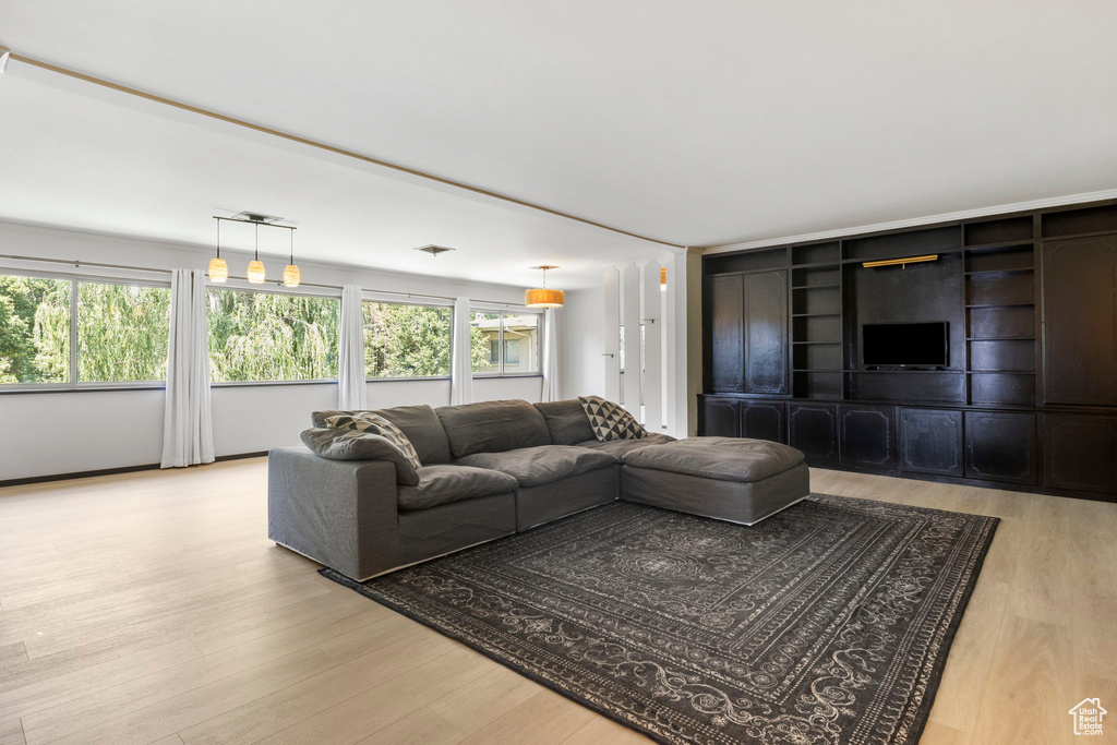 Living room with light hardwood / wood-style floors