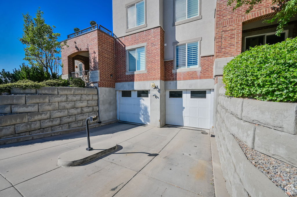 Exterior space with a garage