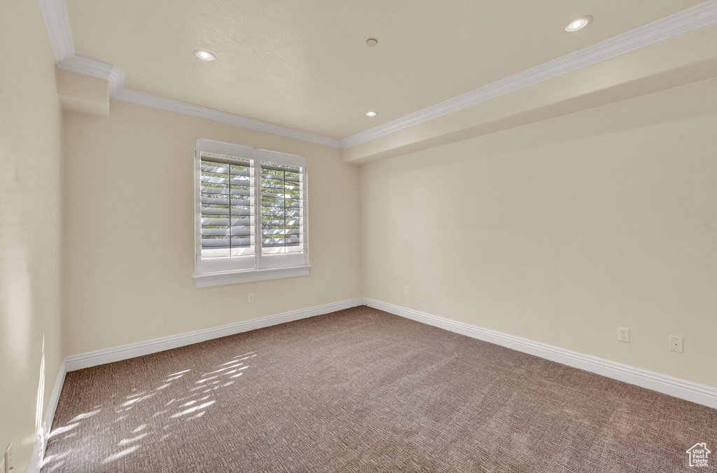 Carpeted empty room with ornamental molding