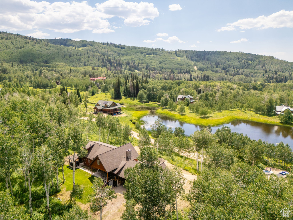 Birds eye view of property featuring a water view