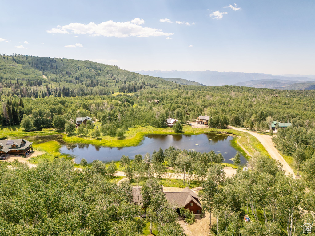 Aerial view with a water and mountain view