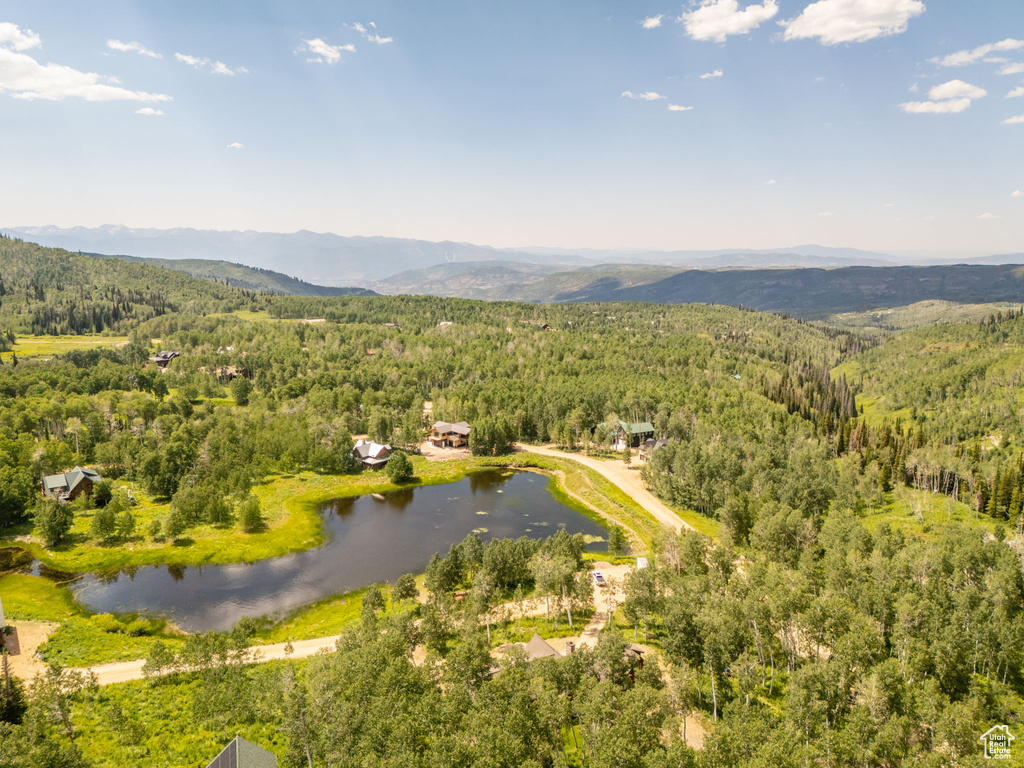 Aerial view with a water and mountain view