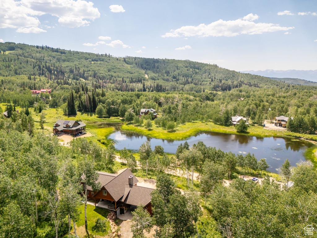 Birds eye view of property with a water view