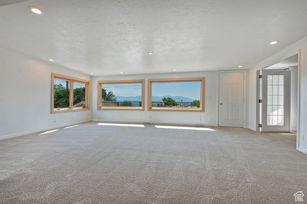 Unfurnished living room with carpet and a textured ceiling