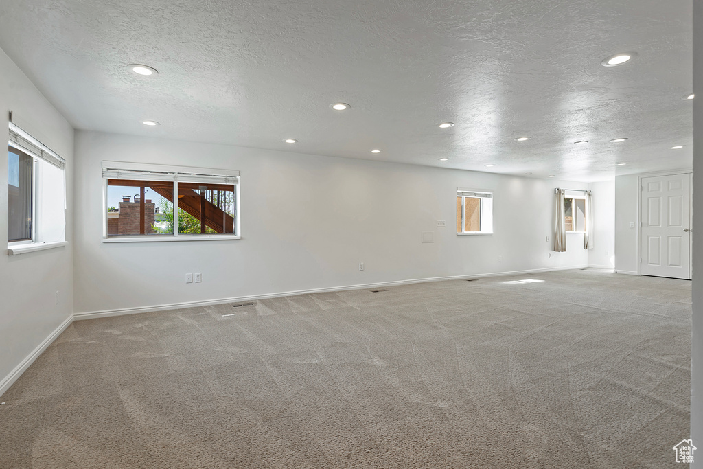 Empty room featuring carpet flooring, a textured ceiling, and plenty of natural light