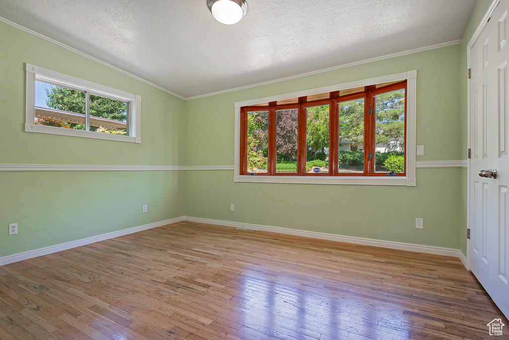 Spare room featuring a textured ceiling, ornamental molding, hardwood / wood-style floors, and plenty of natural light