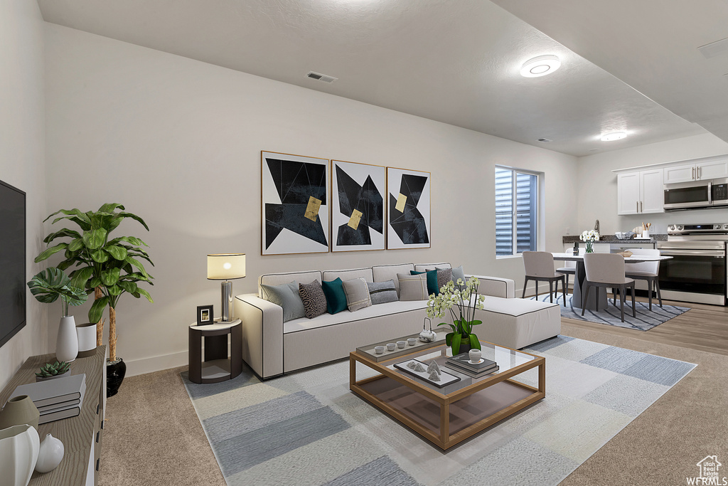 Living room with light colored carpet