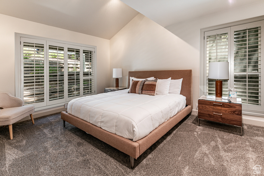 Bedroom with lofted ceiling and dark carpet