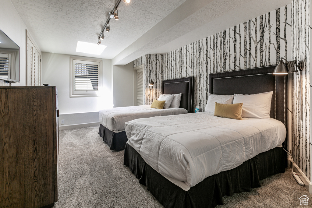 Carpeted bedroom featuring rail lighting, a textured ceiling, and a skylight