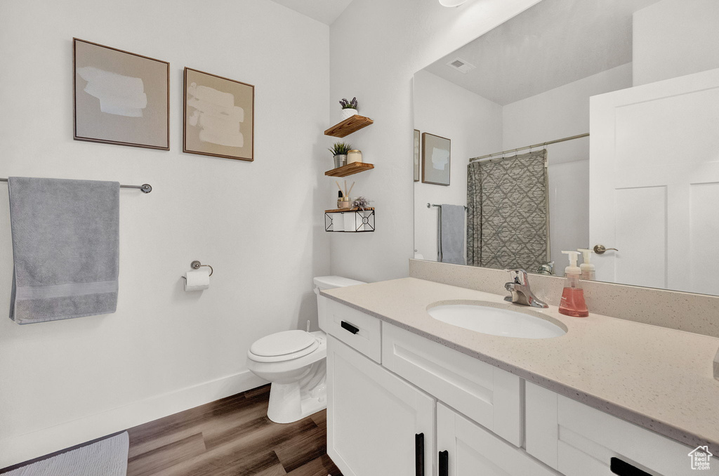 Bathroom featuring wood-type flooring, toilet, and vanity