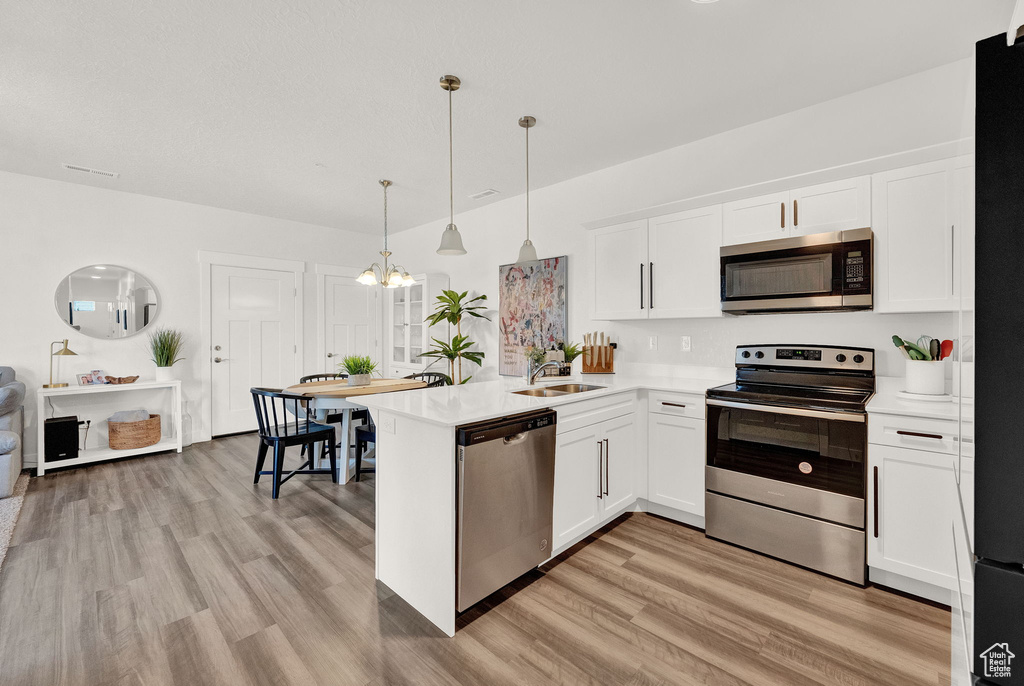 Kitchen featuring stainless steel appliances, sink, kitchen peninsula, hanging light fixtures, and light wood-type flooring