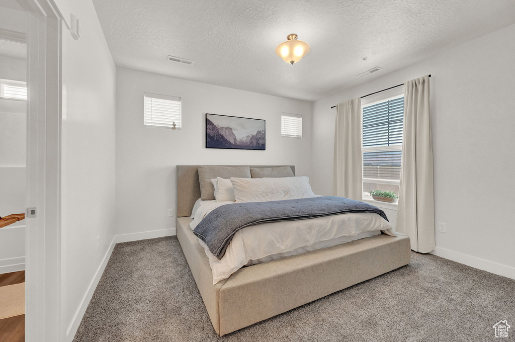 Bedroom featuring carpet flooring and a textured ceiling