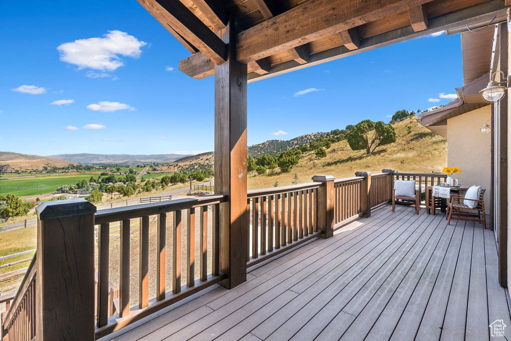 Wooden deck featuring a mountain view