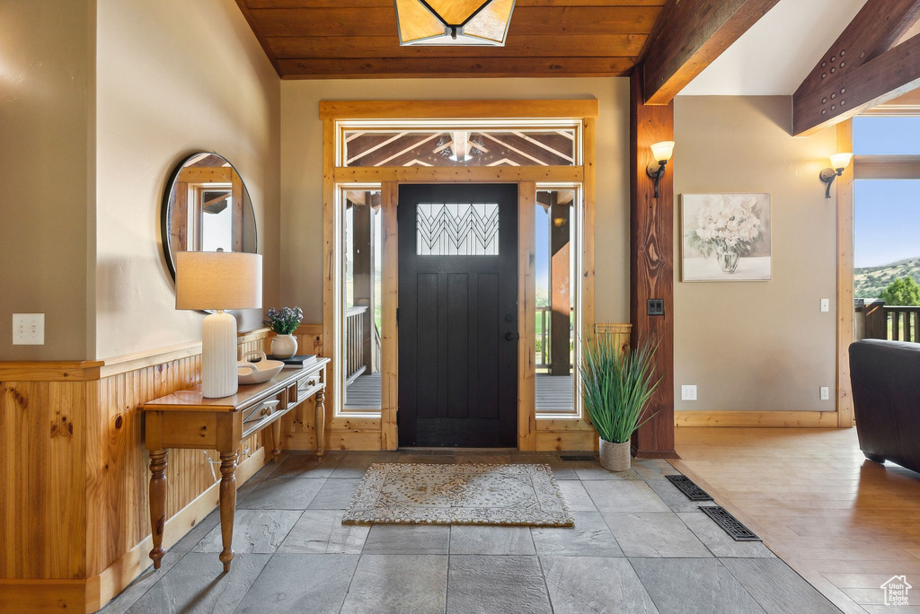 Foyer entrance featuring wooden ceiling and hardwood / wood-style flooring