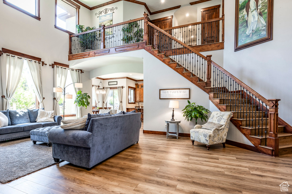 Living room with a towering ceiling, hardwood / wood-style floors, and ornamental molding