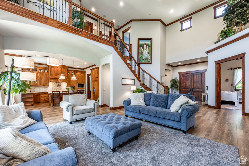 Living room with a high ceiling, ornamental molding, and hardwood / wood-style floors