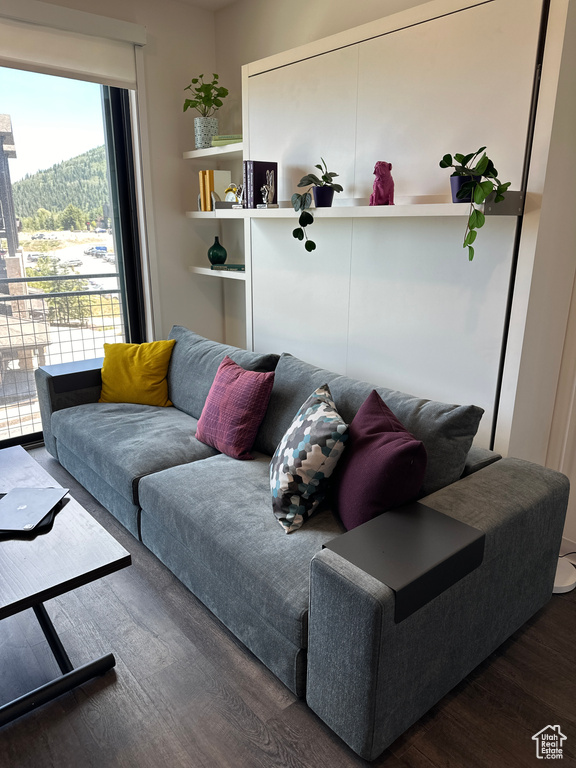 Living room with dark wood-type flooring