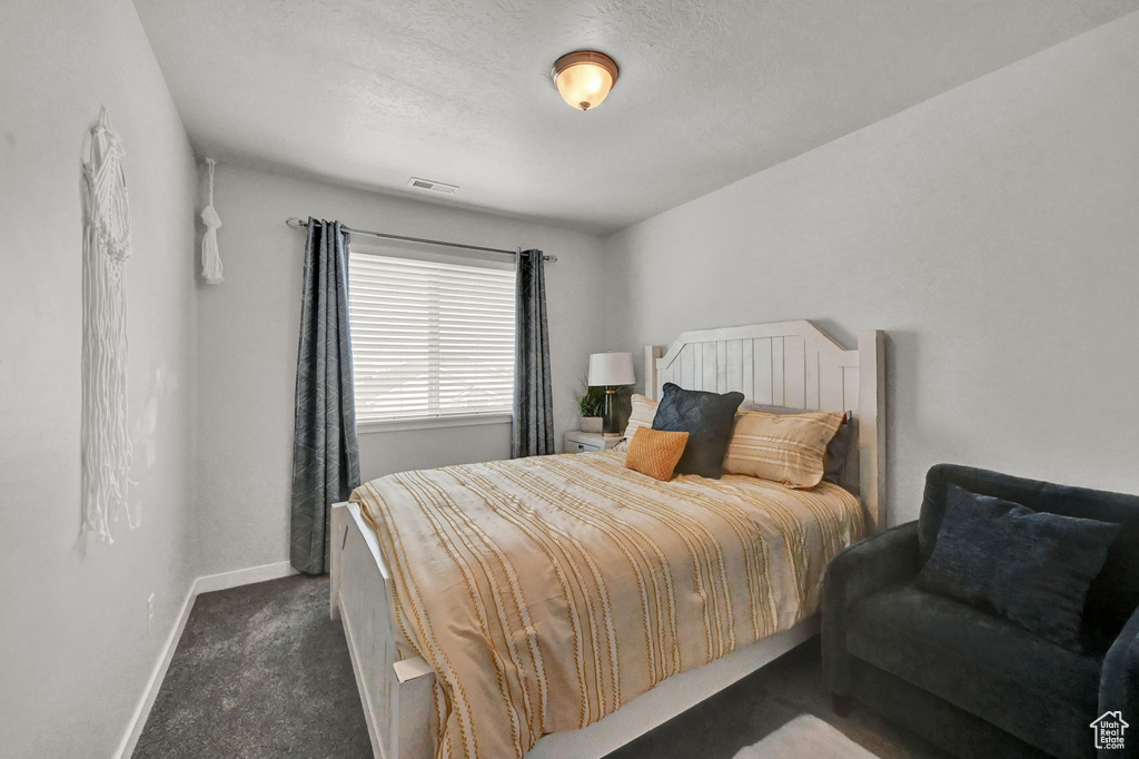 Bedroom with dark colored carpet